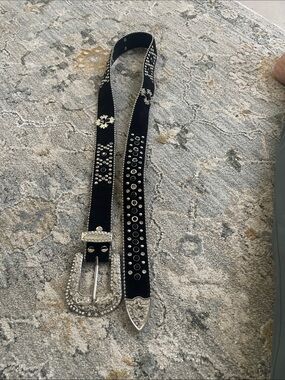 Studded Black Velvet Western Belt with Silver Buckle
